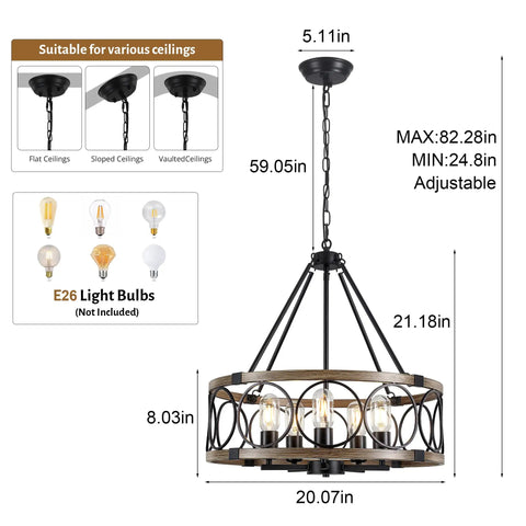 Modern Farmhouse 8-Light Black and Gold Chandelier with Adjustable Rod, dimensions and bulb guide shown