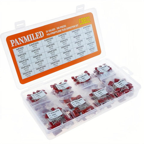 30 Values CBB22 Metallized Polypropylene Film Capacitor Kit With Radial Leads in a clear case, showcasing various capacitor values.