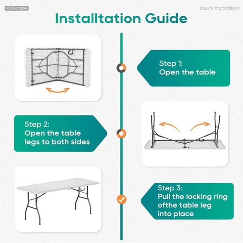 Installation guide for Six Foot Folding Table For Indoor And Outdoor Use Portable Picnic Party Table With Carrying Handle Fold In Half Design Lightweight White Plastic Perfect For Parties BBQs Weddings Camping And More, showing setup steps.
