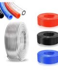 Premium Orange Polyurethane Air Hose Featuring Heavy Duty Pneumatic Tubing Built For Lightning Fast Air Compressor Setup Plug And Play Straight Up 10Mm X 6 Point 5Mm One Hundred Meter Coiled Line with various colored hoses.
