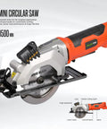 Heavy Duty Mini Circular Saw With Beefy 4 Amp Motor And Crisp Laser Sight For Dang Clean Cuts On PVC Laminate Drywall And 2x4s Featuring Slick Dust Collection Port with laser guide and adjustable depth.