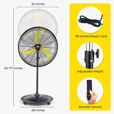 Outdoor 20 Inch Quiet Oscillating Pedestal Fan With Remote Control Waterproof Heavy Duty BLDC Motor Four Speed Perfect For Patio Garage Workshop Warehouse And Commercial Spaces Patio Ready shown with remote and measurements.