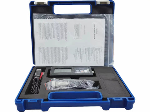 Vibe Meter Vibrometer For Machinery With RS232 Software And USB Cable Measures 0.01 To 400 mm/s For Onsite Quality Control, Commissioning, And Predictive Maintenance. Open case with vibration meter kit, probe and cable