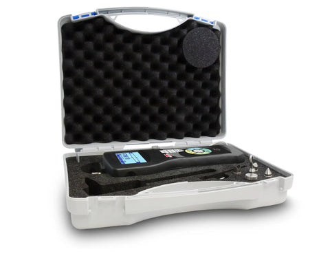 Pro Grade Workhorse Digital Force Gauge For Tension And Compression Testing in protective case, featuring cables and accessories.