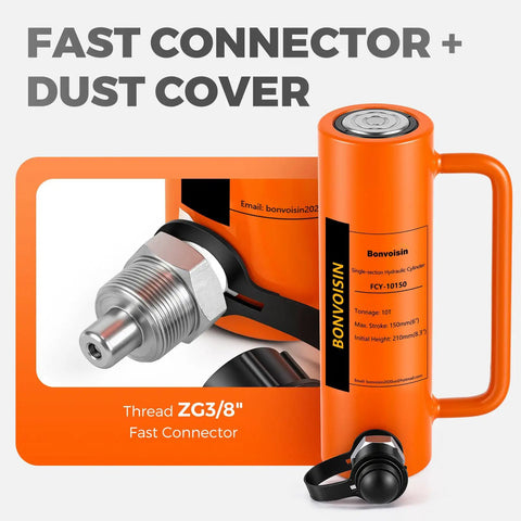 Rugged Single Acting Hydraulic Ram Cylinder 10 Ton Auto Retract Built Tough For Portable Power Systems Quick Garage Setup close-up with fast connector and dust cover.