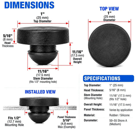 Heavy Duty Rubber Vibration Knockout Feet For Rattling Commercial Vacuum Pumps With Tight Squeeze Push Fit Half Inch Stem And Silent Running Performance Solid 12 Piece Replacement Set dimensions and specifications