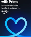 Graphic of Alexa+ logo on dark background promoting its availability with Prime membership, featuring a heart design.
