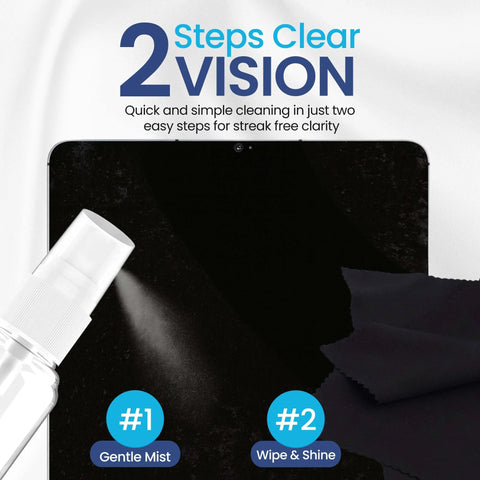 Purity Eyeglass Lens Cleaner Kit front view: spray bottle releasing mist onto a tablet screen with microfiber cloths.