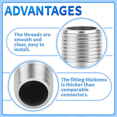 Advantages of Stainless Steel 304 Pipe Fitting Nipple 1/2 NPT Male To 1/2 NPT Male, smooth threads, thick fitting, durable connector.
