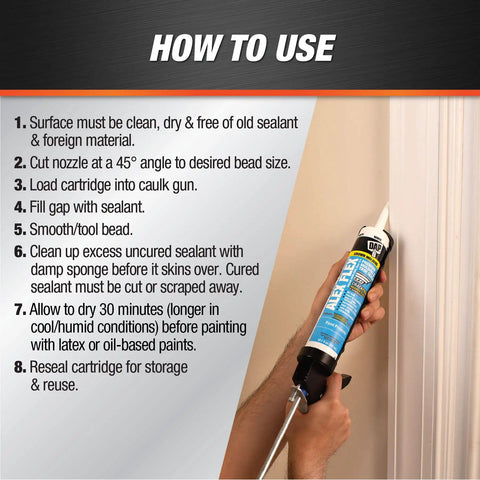 Alex Flex Premium Molding And Trim Siliconized Sealant White 10.1 Oz application on trim with instructions