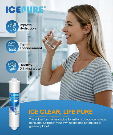 Woman enjoying water from glass while using Top Shelf Inline Water Filter For Refrigerator And Ice Maker NSF Certified Heavy Duty Build.