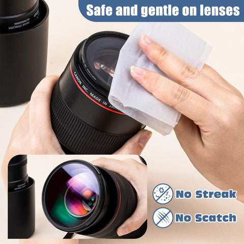 1000-count pre-moistened lens wipes for eyeglasses and camera lenses; hands wipe a black camera lens with a white cloth