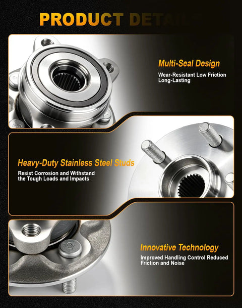 Front Wheel Hub And Bearing Assembly Pair For Toyota Corolla And Prius Models 2Pcs showing multi-seal design and stainless steel studs.