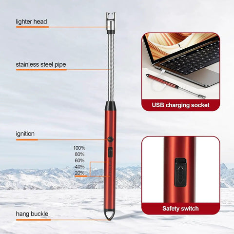 USB rechargeable lighter with stainless steel pipe, lighter head, ignition levels shown outdoors in snowy mountain setting.