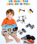 Boy with 10 In 1 STEM Toys For Kids Ages 4 5 6 7 8 Build Kit With Electric Motor next to assembled models and tools.