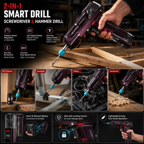 Futuristic Cordless Drill Kit And High Torque Rechargeable Power Tool Set with digital display, compact design for easy use.