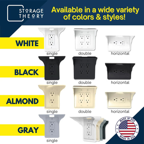 Outlet Shelf With Cord Storage Strap To Declutter Counter Space And No Wall Damage, shown in various colors and styles