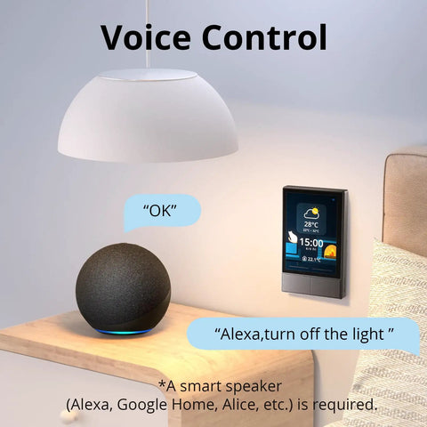 NSPanel Smart Switch 2-Switch Touchscreen Control Hub with Alexa voice command displayed beside a round smart speaker.