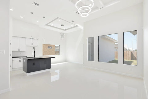 Bright modern living room with kitchen, featuring Dope 16x10 Modern AC Vent Cover White For Ceilings Walls And Floors Slick Linear Slot Diffuser Grille Easy Mount Clean Minimal Look That Elevates Any Room Standard Duct Fit And Quiet Airflow installed in ceiling.