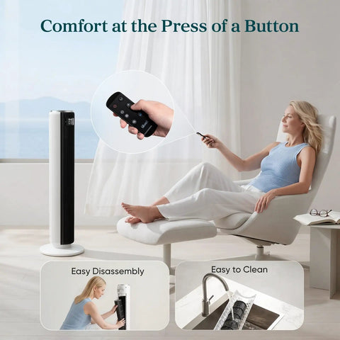 Ultra Quiet Tower Fan For Bedroom That Blows Fresh Cold Air With Rapid 28 Ft S Airflow And Wide Oscillation, remote control feature.