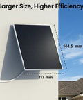 Hassle Free 3W Solar Panel For Wireless Outdoor Security Cameras With 7FT Type C Charging Cable, showing dimensions on wall.