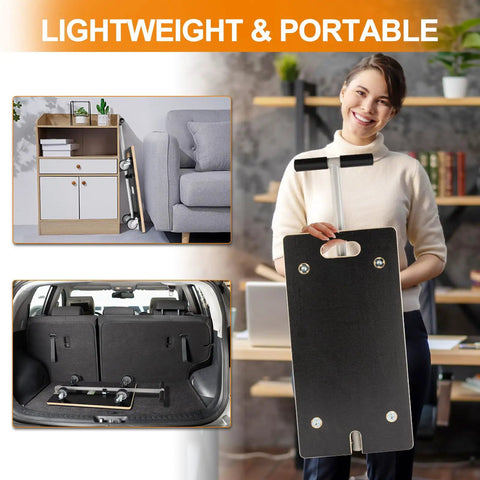 Premium Heavy Duty Rectangular Wood Platform Dolly With Handle For Moving Furniture held by a woman, showcasing its portability.