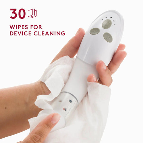 Person cleaning a Vfit device with a Photonic Wipes For Vfit Device Women’s Cleaner Mild Formula That Protects Silicone Lights And Electronics Keeps Your Vfit Gear Clean Safe And Long Lasting 30 Count