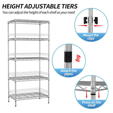Heavy Duty Five Tier Wire Shelving Unit Rock Solid Chrome Metal Storage Rack With Quick Adjustable Levels Zero Fuss Assembly showing height adjustable tiers.