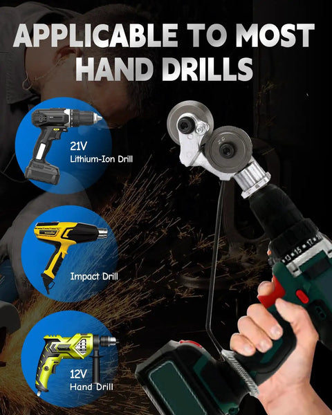 Heavy Duty Electric Drill Metal Nibbler Attachment fits most hand drills, shown with multiple drill types, ideal for cutting steel and aluminum.
