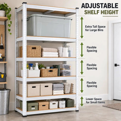 Built Tough 5 Tier Heavy Duty Metal Shelving Rack With Thick Mdf Boards Boltless Garage Storage Unit For Basement Or Pantry 30X12X59 White showing adjustable shelves.
