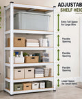 Heavy Duty 5 Tier Storage Shelf Rack Adjustable Boltless Steel Frame With Thick MDF Boards Rock Solid Garage Shelving Kit For Kitchen Pantry Quick Setup Superior Load Capacity 30X12X59 Inches White showcasing adjustable height with various storage bins and towels.