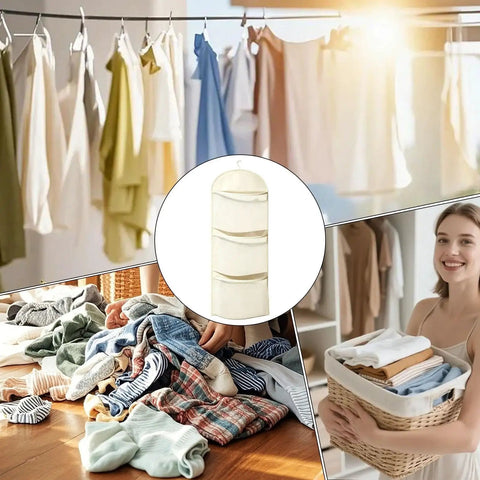 Real Game Changer Three Tier Hanging Closet Organizer With Breathable Mesh Storage Rack For Socks Underwear And Bras Multi Compartment Wardrobe Divider Hassle Free displayed with clothes on a line and a basket of folded garments.