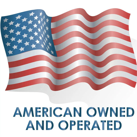 Waving American flag with stars and stripes, text 'American Owned and Operated' beneath, symbolizing national pride.