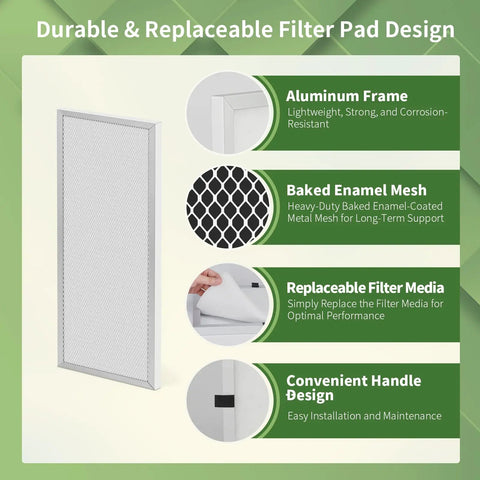 Top Shelf 14x30x1 Reusable Air Filter With MERV 8 Rating And Heavy Duty Aluminum Build For Homes Seeking Clean Air Without Any Drama Features Wash And Reuse Design Plus Two Spare Media Pads Included, showcasing aluminum frame and replaceable filter media.