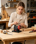 Compact Tabletop Mini Bench Grinder Featuring Dual Grinding Wheels For Precision Tool Sharpening And Rough Burr Removal in a workshop.