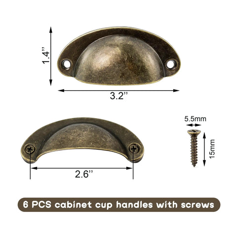 Six Pack Copper Shell Drawer Pulls Vintage Cup Style Furniture Hardware Solid Metal Cabinet Handles For Kitchen Refresh Home Makeover Upgrade That Really Hits Different, measuring 3.2" x 1.4".