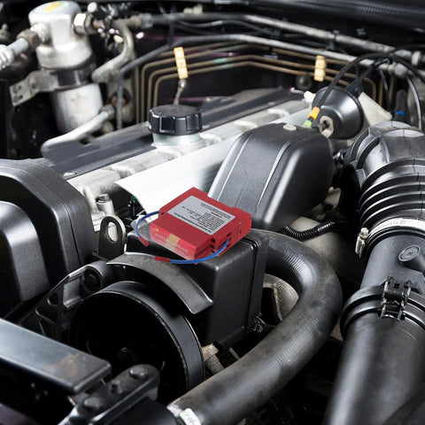 Road Ready Vehicle Fire Extinguisher And Aerosol Fire Suppression Kit With Adhesive Backing mounted on car engine components.