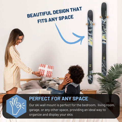 Solid Wood Ski Wall Mount Rack That Shows Off Your Boards As Dope Home Decor While Saving Valuable Floor Space And Keeping Your Alpine Gear Looking Sharp And Well Organized Year Round, featuring two skis on a wall.