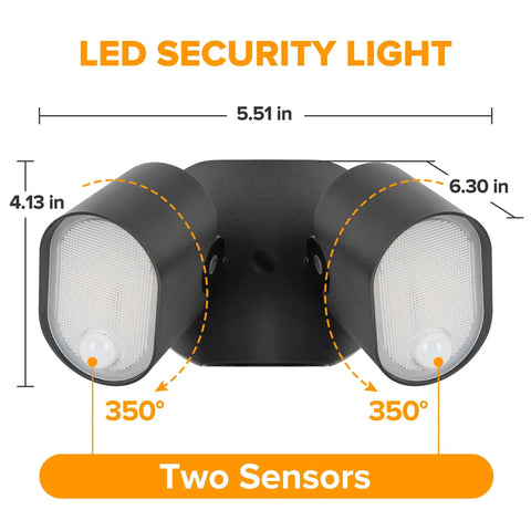 Heavy Duty Tough As Nails Led Flood Lights With Dual Motion Sensors 35W 4000 Lumens 5000K Daylight IP65 Waterproof 240 Wide Angle Outdoor Security Lighting For Garage Patio And Yard 2 Pack close-up of dual sensor design on black aluminum body with measurement details.