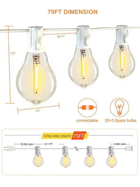 Outdoor String Lights With Remote Control 75 Ft Waterproof Patio Lighting Kit With 75 Globe G40 LED Bulbs diagram