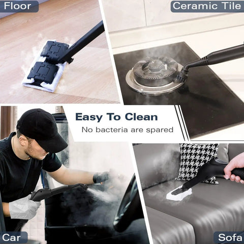 Waitbird 4.5 Bar High Pressure Steam Cleaner With 21-Piece Accessories Kit For Deep Cleaning Grease, Tile, Grout In Kitchen And Bathroom steam cleaning various surfaces including floors, car interiors, and sofas.