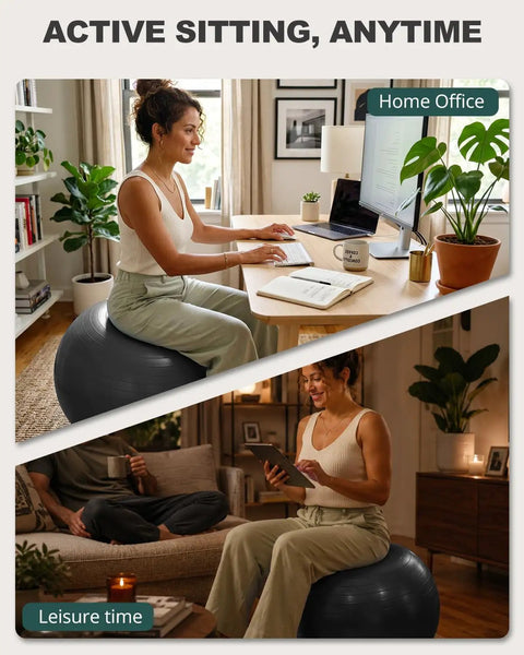 Badass Anti Slip Yoga Ball With Included Quick Pump, supporting active sitting in home office and leisure settings.