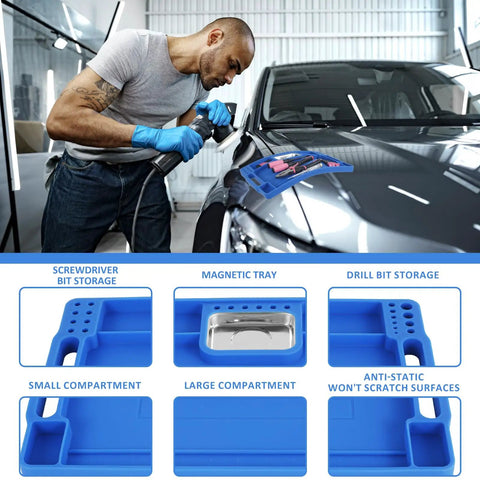 Blue Silicone Tool Tray For Auto Repairs Flexible Magnetic Tool Holder With Small Parts Tray Non Slip Organizer on car hood