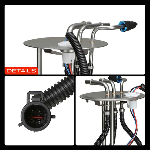Built Tough Electric Fuel Pump Module Assembly Featuring Triple Port Layout and Slick Turbine Engineering for Ford. Close-up of assembly.
