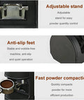 Electric Coffee Tamper With Stainless Steel Dock And Custom Pressure Tuner Yields Tight Espresso Pulls Between Five To Thirty Kilograms showing adjustable stand and anti-slip feet with portafilter