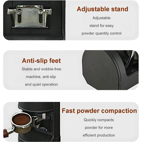Electric Coffee Tamper With Stainless Steel Dock And Custom Pressure Tuner Yields Tight Espresso Pulls Between Five To Thirty Kilograms showing adjustable stand and anti-slip feet with portafilter