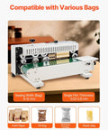FR-900 Continuous Band Sealer on table, sealing width 6-12mm, compatible with kraft, PE, aluminum foil, and plastic bags.