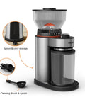 Game Changer Flat Burr Coffee Grinder Delivering Eighteen Precision Grind Options For Bold Espresso Or Smooth Cold Brew crafted with stainless steel, showing spill-proof holder.