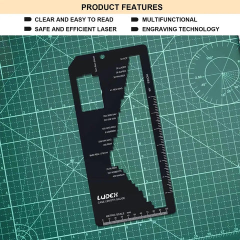 Heavy Duty Ammunition Chamber Length Gauge For Accurate Cartridge Brass Measurement And Rock Solid Reloading Setup Handles Up To Seventy Popular Calibers Keeping Your Range Work Sharp on a green cutting mat.