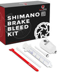 Shimano Hydraulic Brake Bleed Kit with reusable funnel, silicone hose, syringe, and stopper for mineral oil disc brakes.